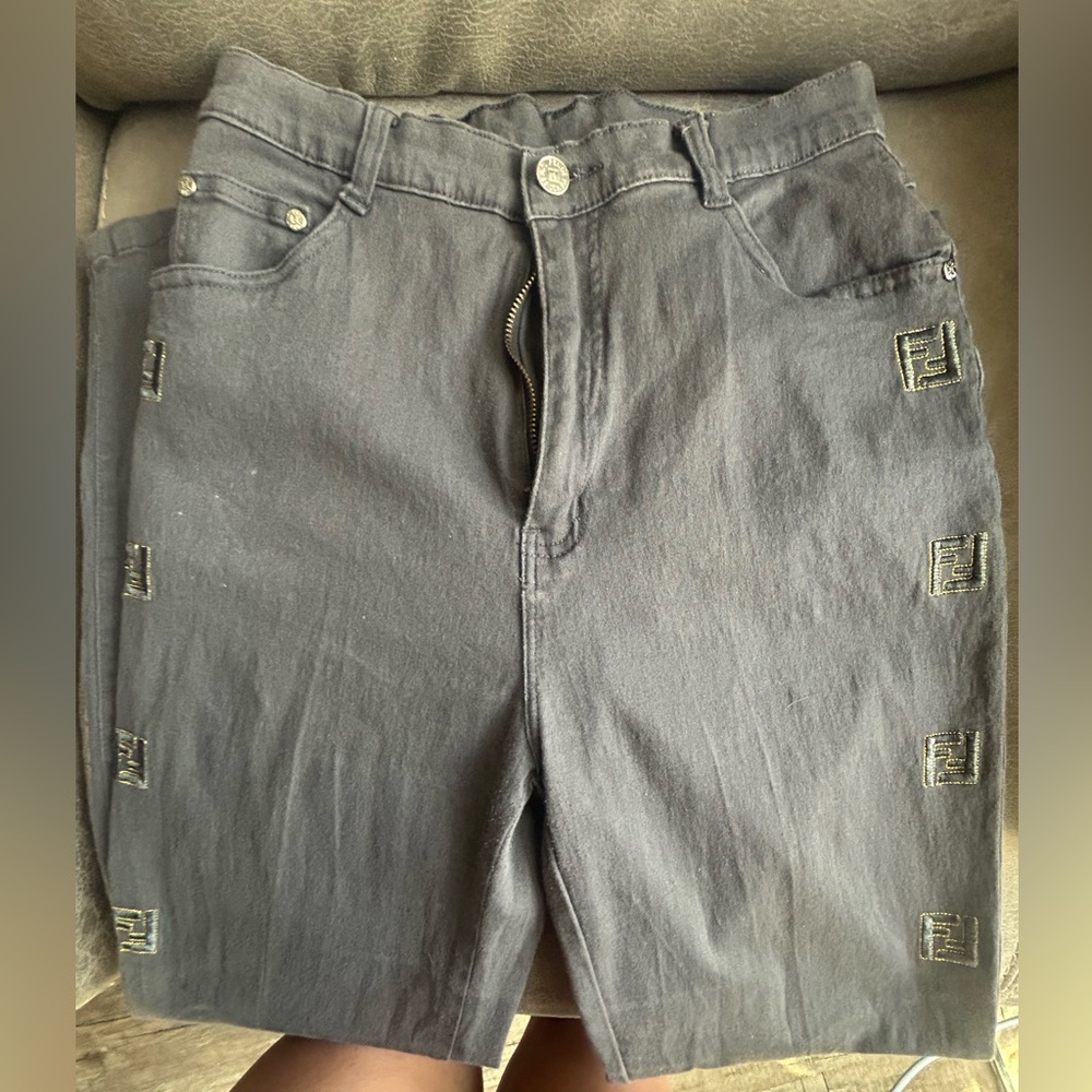 Fendi Dark Gray/Black Logo Embroidered High-Waist Shorts